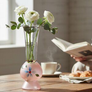 Mid-century Bartlett Collins glass vase pink frosted foot fluted top gold band